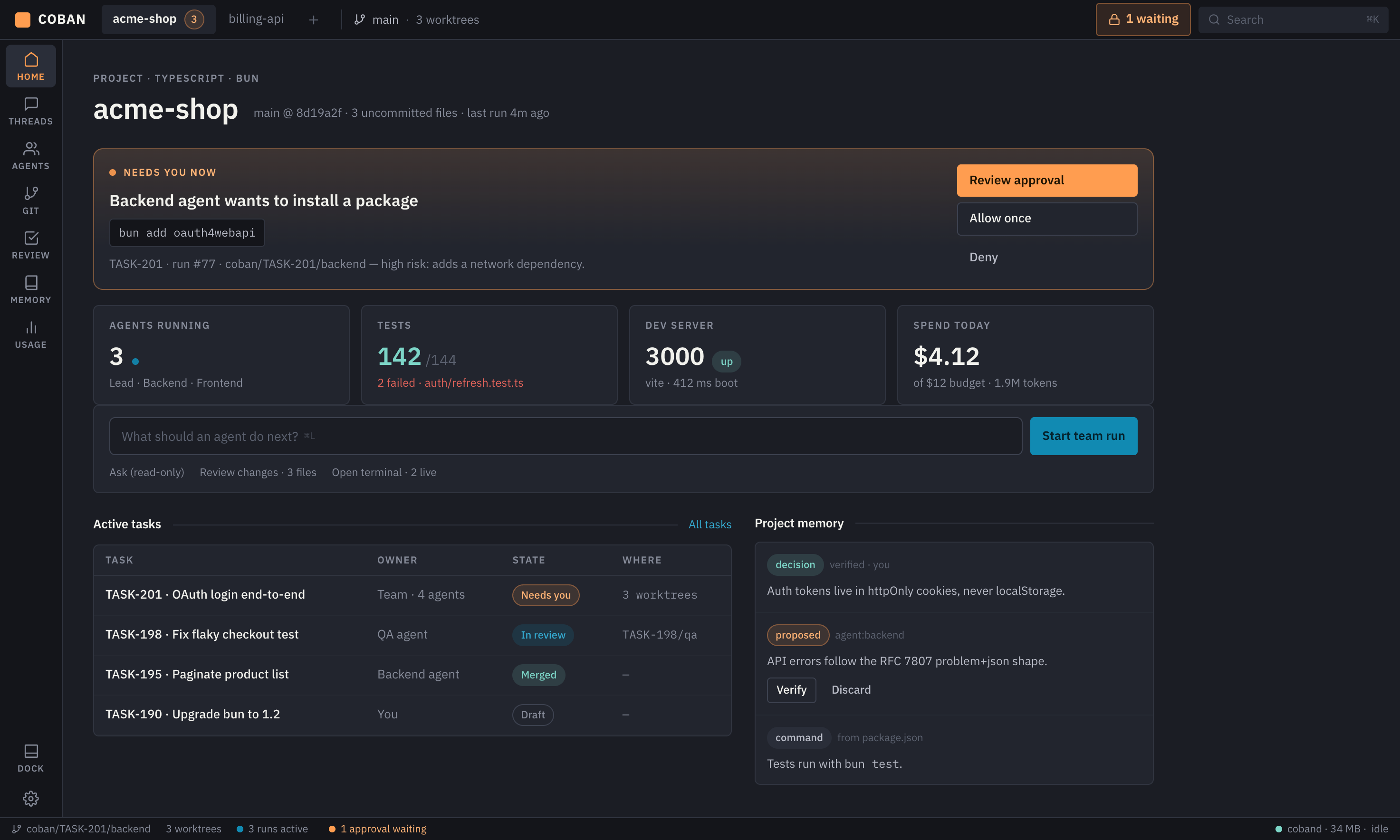 The Coban desktop workspace: project tabs, task list, agent run and change review in one window.